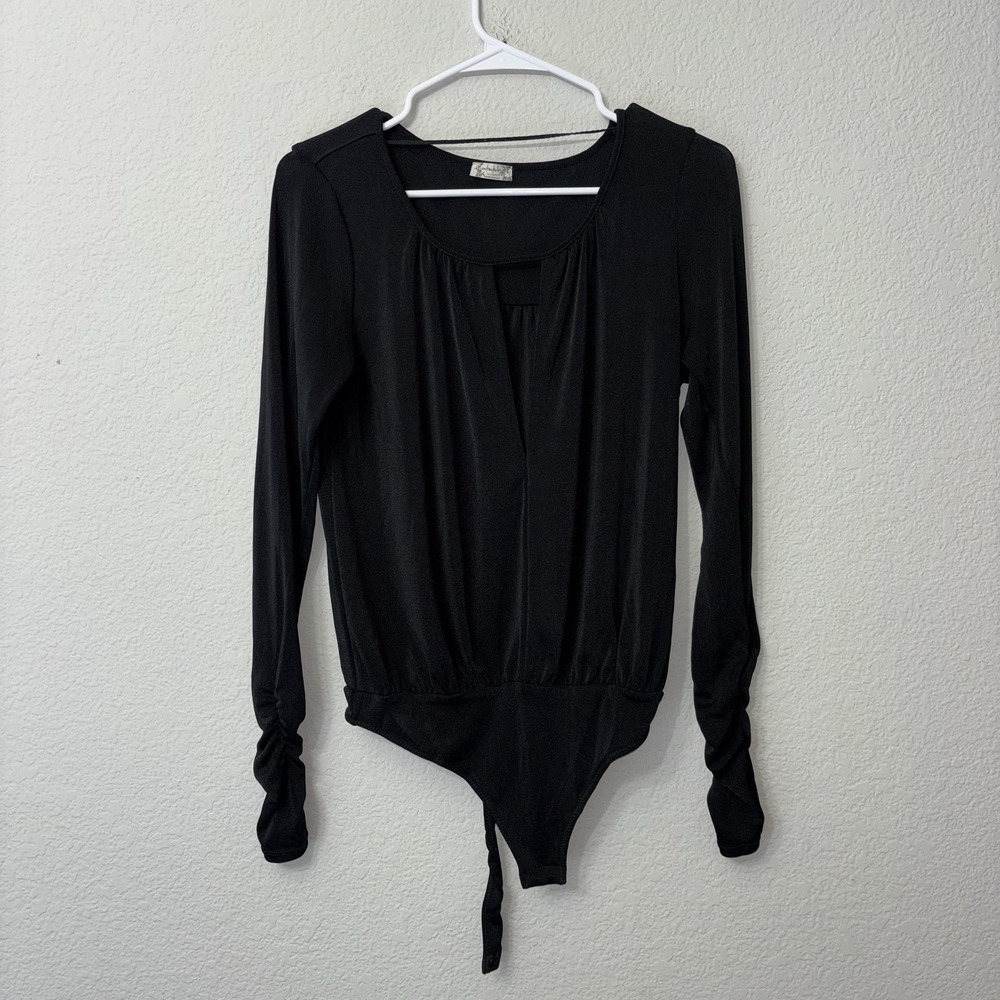 Intimately Free People Kaya Long Sleeve Black Bodysuit Size Small S Button Thong